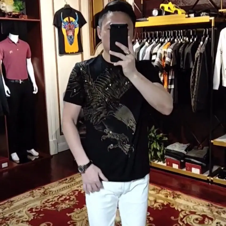

Men's short-sleeved spring/summer 2021 new round neck hot diamond personality short-sleeved T-shirt men's popular style
