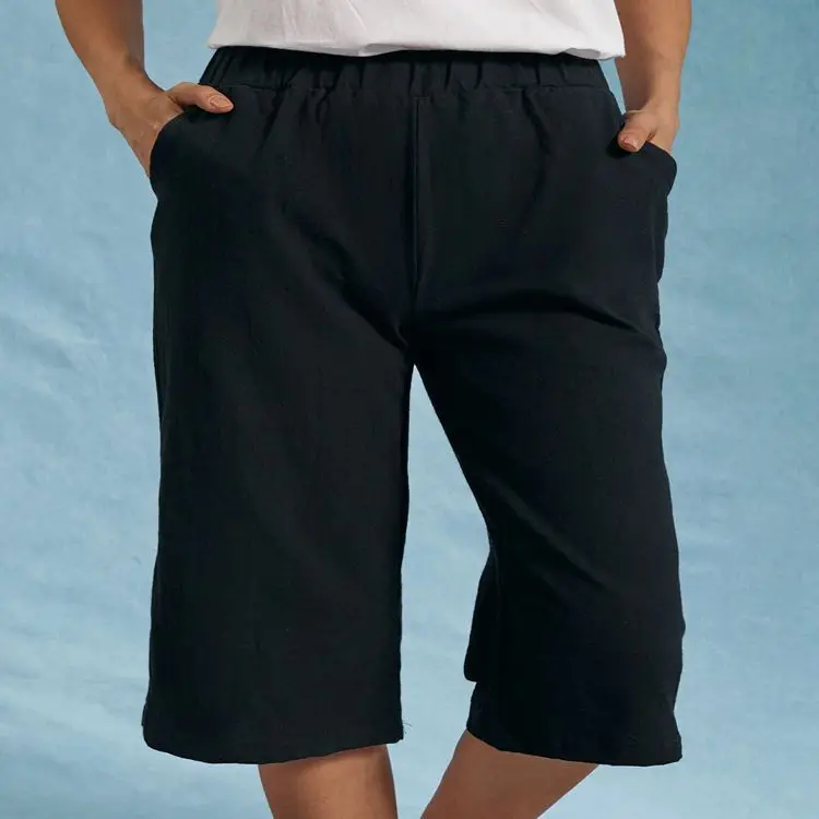 

Fashion Summer Solid Color Women Drawstring High Waist Loose Cotton Linen Shorts Black