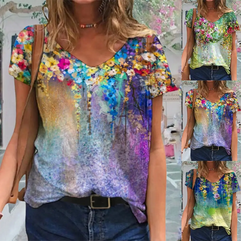 

Tie Dye 3D Floral Print Women T Shirts Casual Short Sleeve Loose Plus Size Tops Fashion Street Ladies V-Neck Summer Tee 2021 New