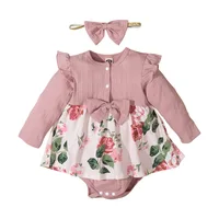 Baby Clothes+Headband Newborn Jumpsuit Girls Cotton Long Sleeve Flowers Romper Infant Bowknot Headwear  0-2 Years