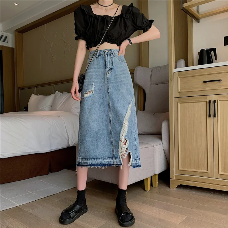 

Denim Skirt Summer New Style Open Hole High Waist Loose A-line Chest Bust Denim All-match Skirt Female Mid-length Skirt