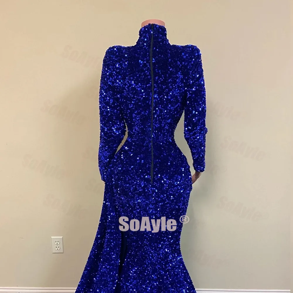 SoAyle Sexy Chest Drop-Shaped Split 2020 Prom Dress long Sleeves Mermaid African Blue Sequins Women's Prom Dresses