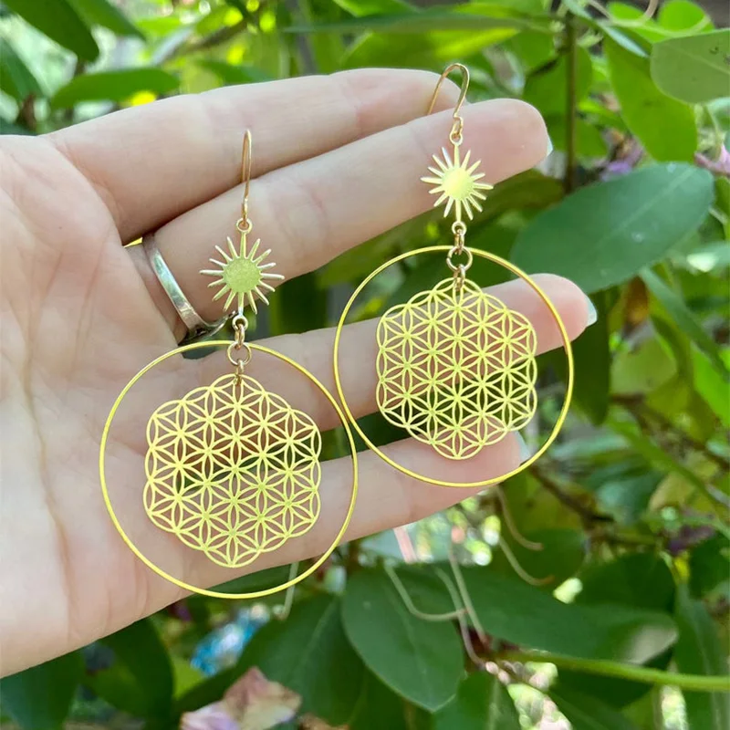 

earring Sacred Geometry Flower of Life gold plated hoops dangler