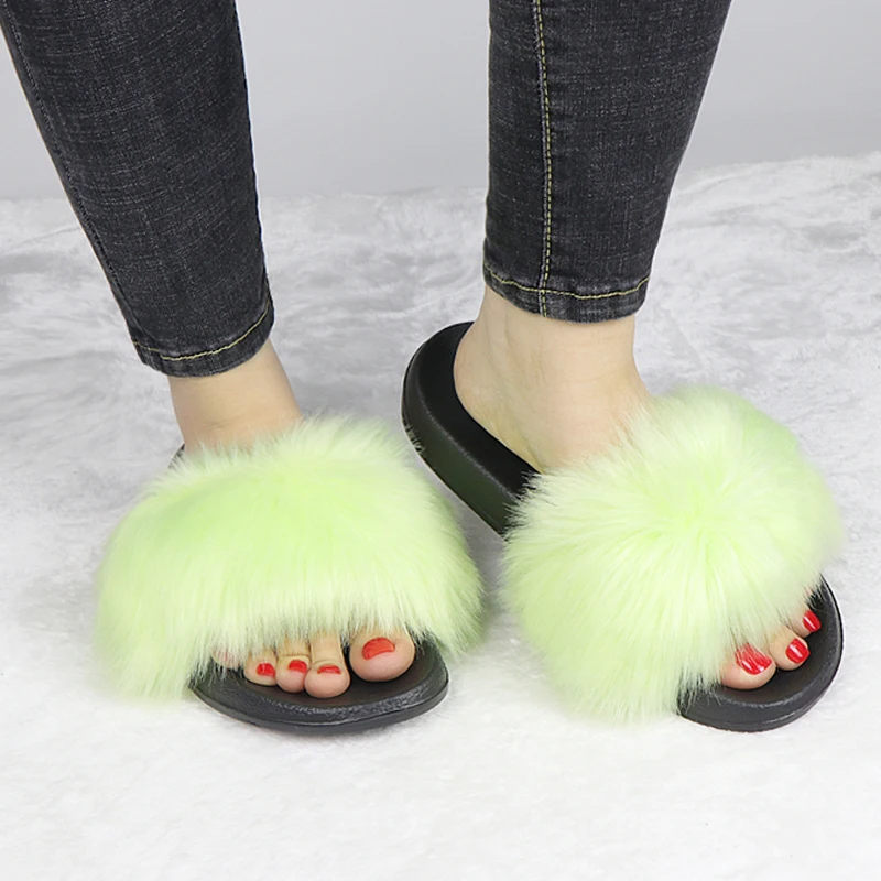 

Winter Slippers Women Female Plush Shoes Fur Slides Warm Slippers Plush Flip Flops Ladies Fox Fur Slippers Zapatos Mujer