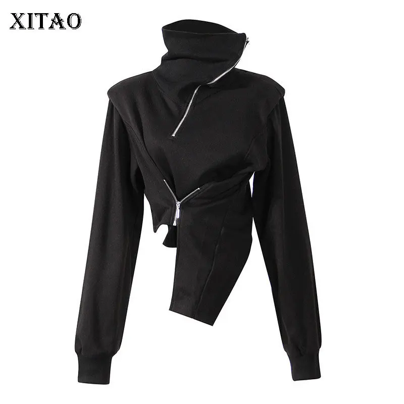 

XITAO Black Sweatshirt Fashion New Women Irregular Hem Full Sleeve Pleated 2021 Autumn Minority Elegant Sweatshirt WMD3950