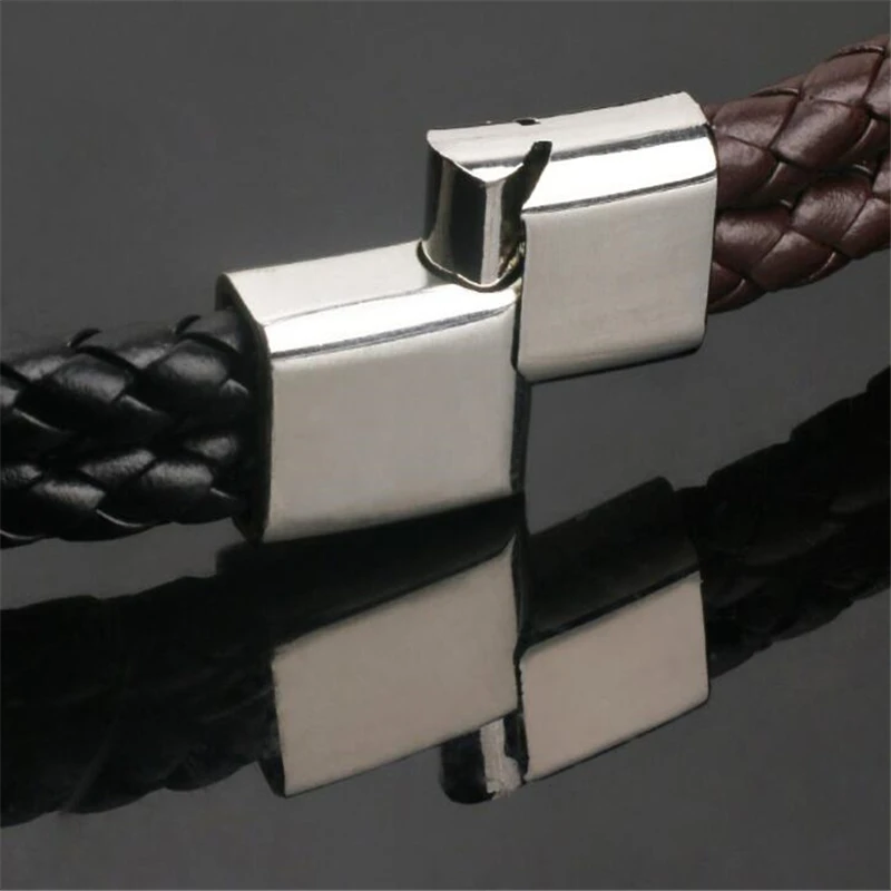 

High Quality Stainless Steel Charm Bracelet Braided Black Brown Genuine Leather Bracelet for Men's Hand Wristband Jewelry