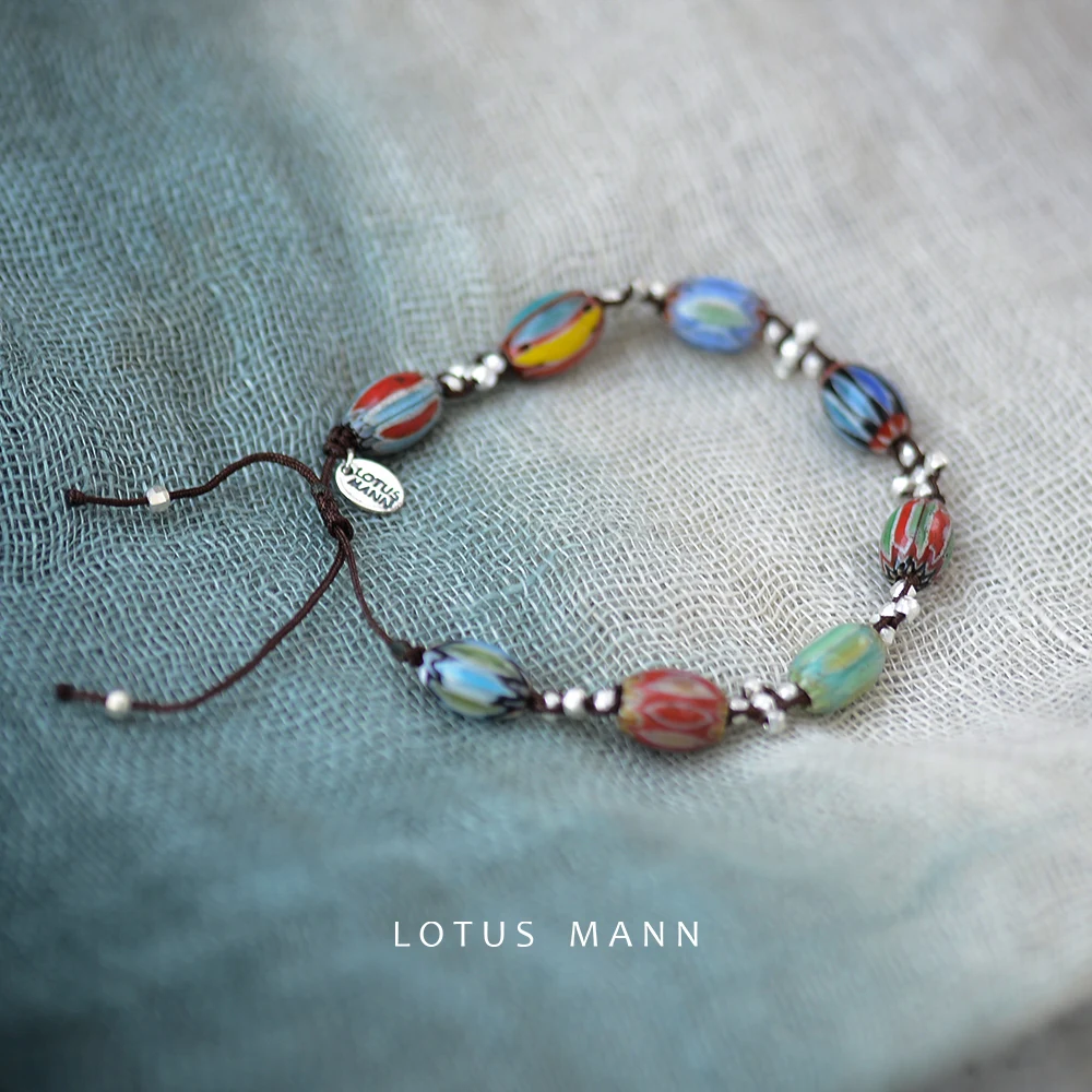 

Lotus Mann cross Woven 925 Silver Old Glass Bead Adjustable Bracelet