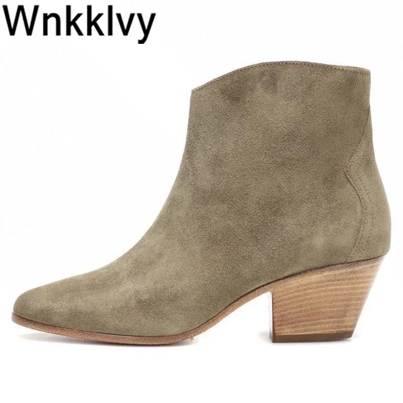 

Pointed toe chunky high heel short boots women real suede ankle boots 2020 runway botas autumn winter shoes bota feminina