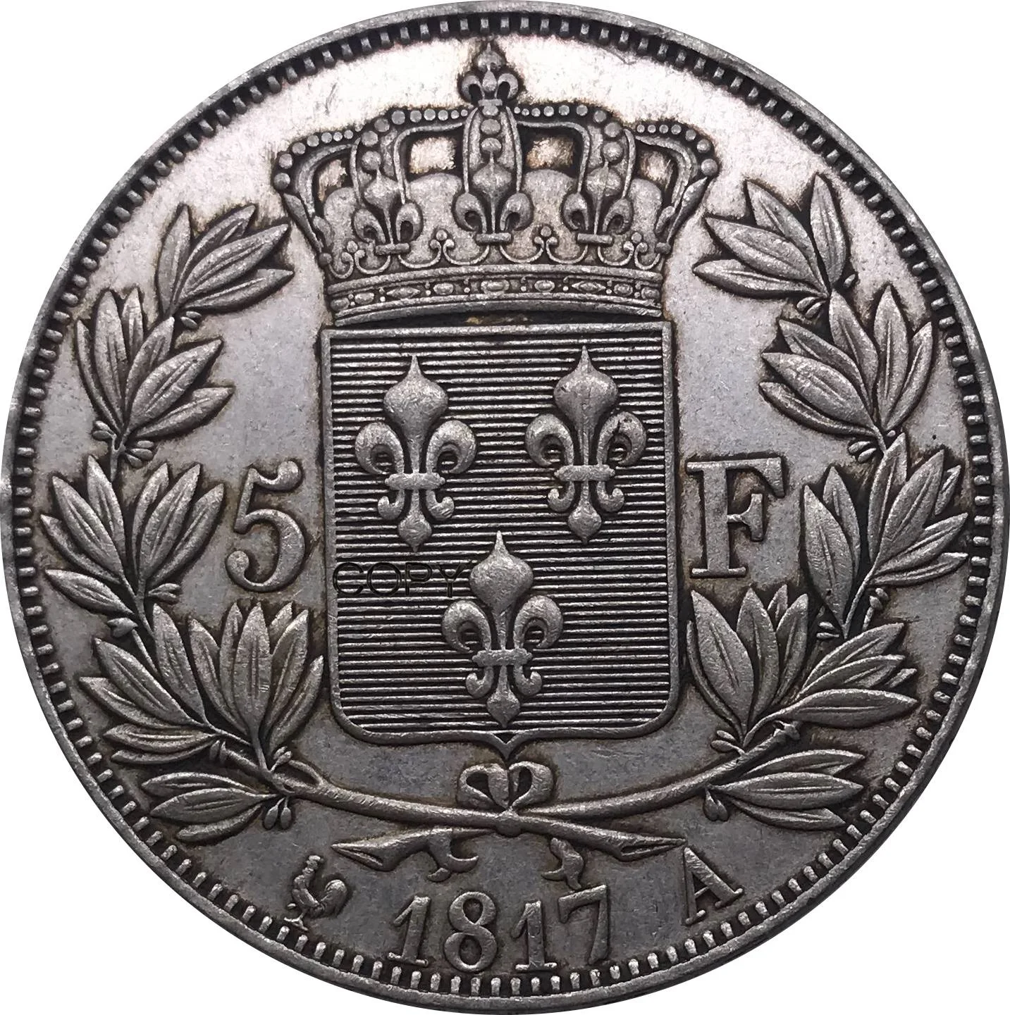 Монета с надписью Edge France 1817 А 5 франков-Луис 18-луис головой металлическая