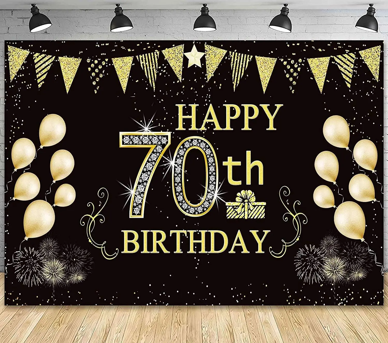 

Happy 70th Birthday Photography Backdrop Banner for 70th Anniversary 70th Birthday Black Gold Party Decoration Background