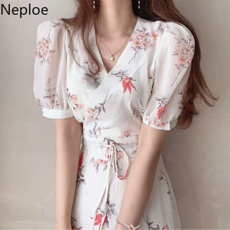 Neploe Flower Lace Up Print Dress Women Summer 2020 Elegant V Neck Puff Sleeve Ladies Vestido Fashion Slim Waist Chiffon Dresses | Женская