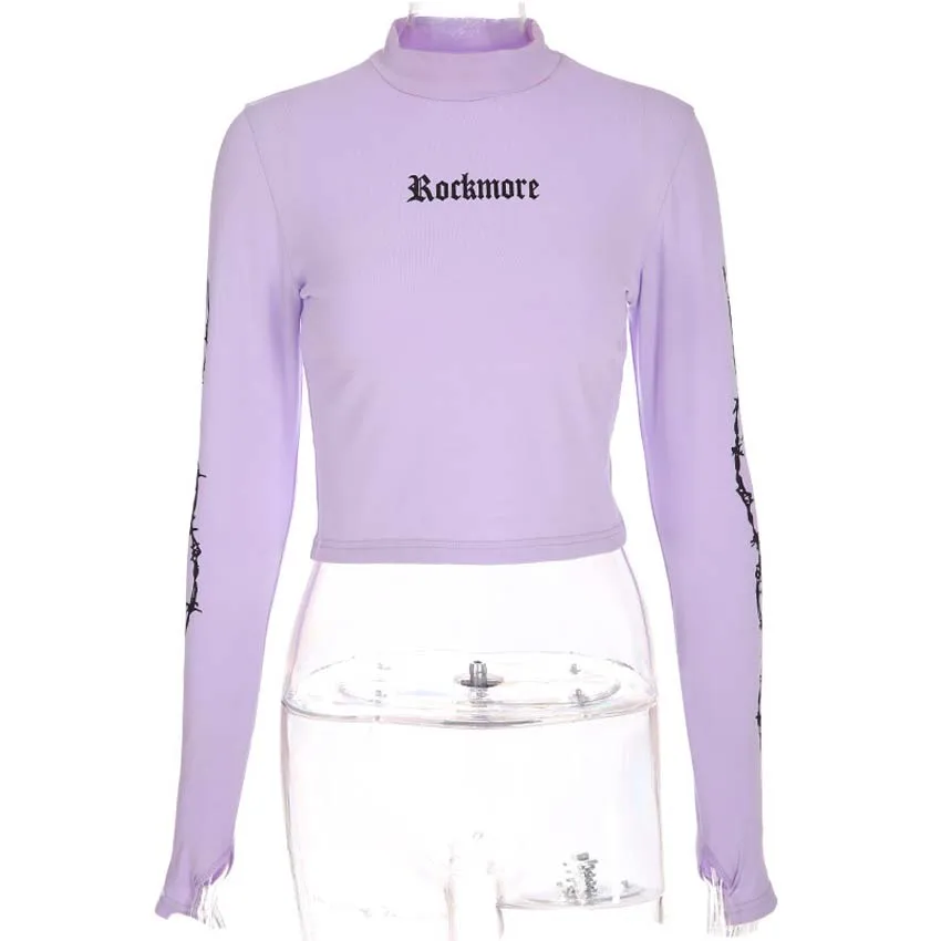 

E Girl Fashion Print Pullovers Crop Top Short T-shirt For Women 2020 Autumn Female Long Sleeve Turtleneck Streetwear Tshirt Tops