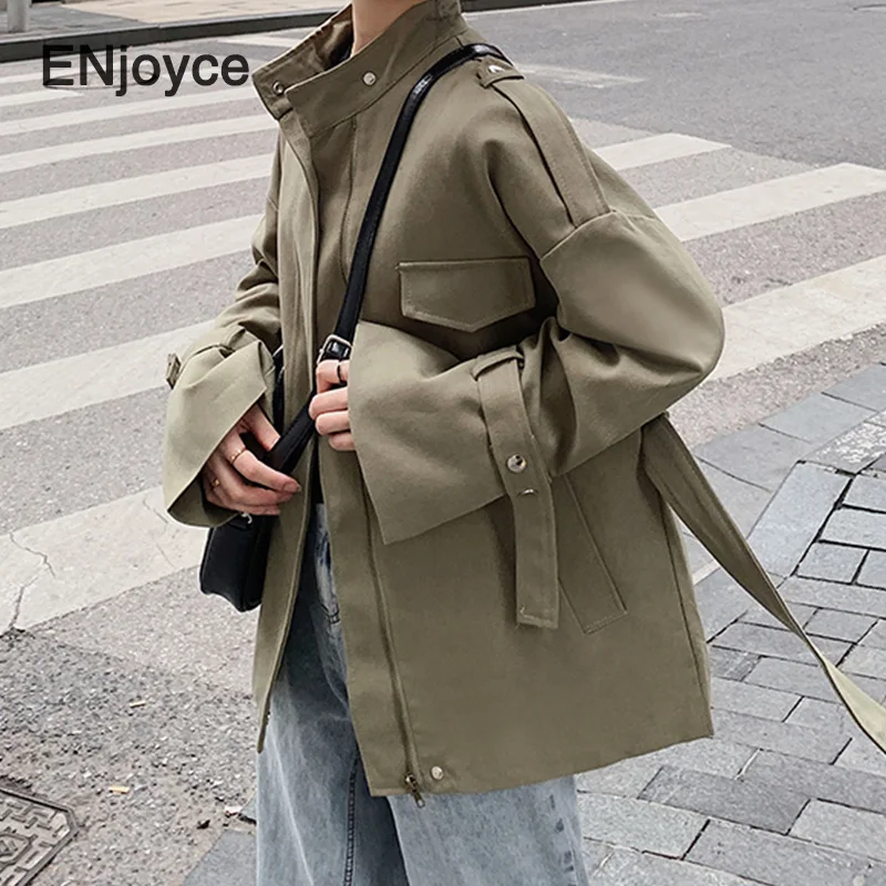 Vintage Green Pockets Loose Jacket with Belt Women Stand Collar Zipper Casual Single Breasted Harajuku Coats Trendy Spring Fall