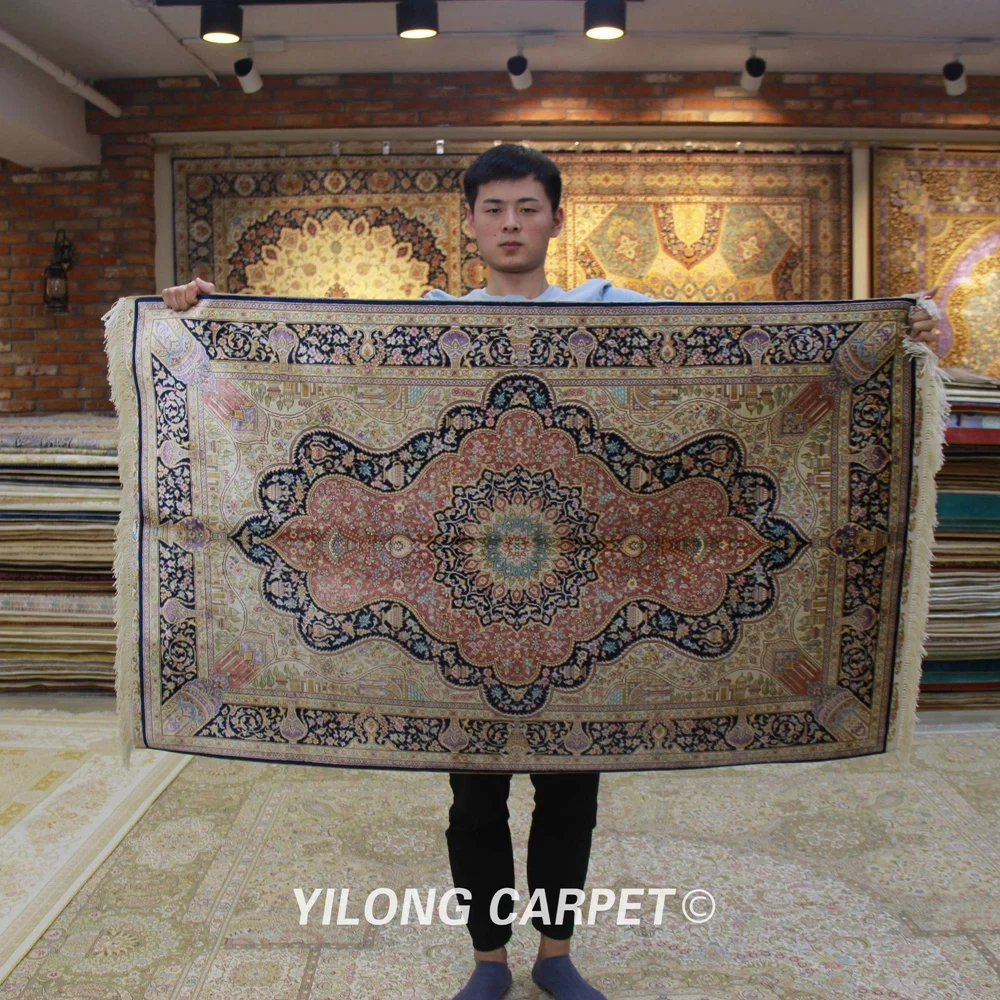 Yilong 3 'x 5' персидский ковер ручной работы красный турецкий медальон шелковый