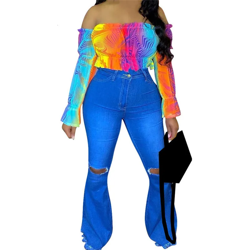 

YEYA Rainbow Print Shirts Edible Tree Fungus Off Shoulder Slash Neck Long Sleeve Sexy Hollow Out Casual Summer Party Streetwear