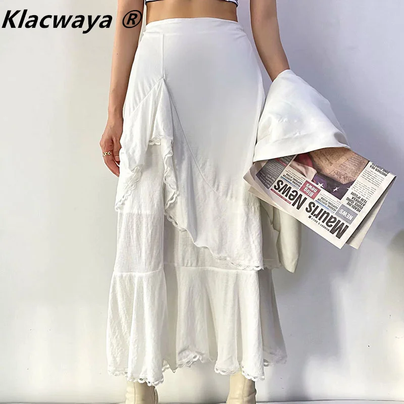 

Skirt Woman White Lace Jupe Longue Femme Fairy Boho Taille Haute Ruffle Midi Jupe Blanche Spring Summer Faldas Largas Elegantes