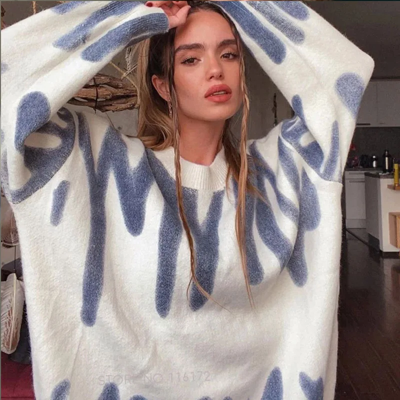 

2021 New Autumn Winter Printing Knitted Sweater Women Patchwork O Neck Loose Top Pullover Female Long Sleeve Streetwear Sweaters