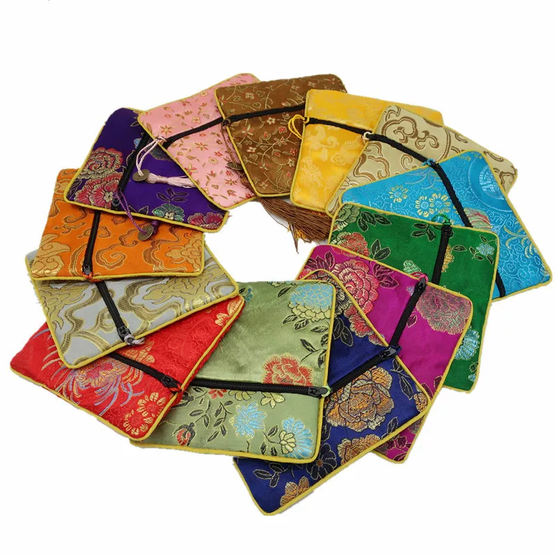 

Tassel Small Jewelry Packaging Bag Zipper Coin Purses Mini Wallets Chinese Silk brocade Bracelet Holder Storage Pouch 4pcs/lot