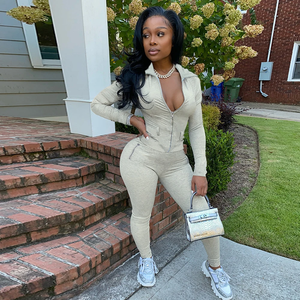 

Active Wear Sporty 2 Piece Set Tracksuit Women 2022 Hooded Long Sleeve Zipper Jackets and Bodycon Workout Jogger Sweatpant Suits
