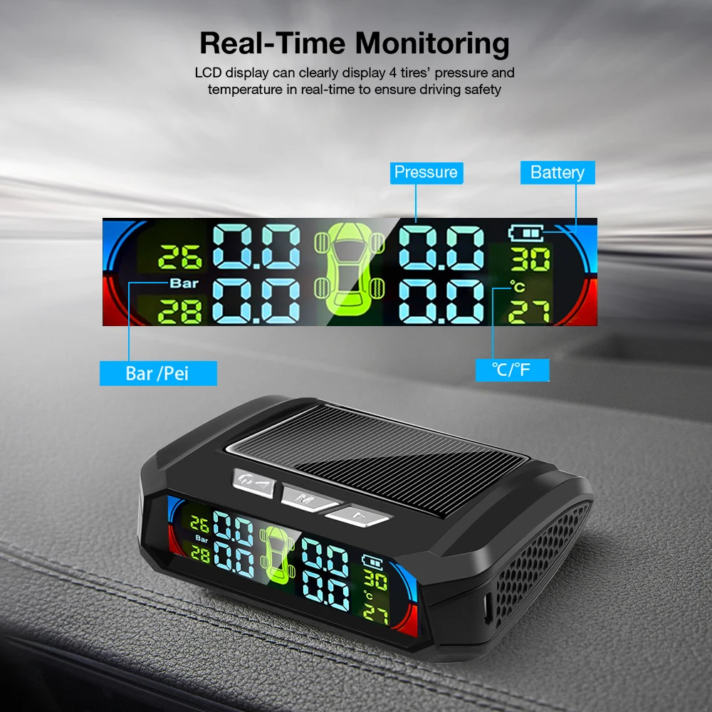 

Kebidumei Color Screen New Solar Power TMPS Car tire pressure monitoring system auto wheel alarm device external sensors