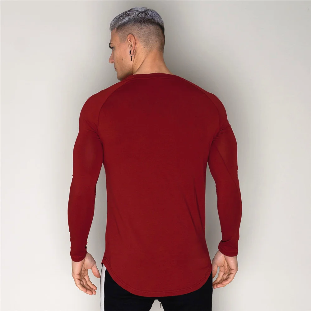 Повседневная хлопковая футболка мужская спортивная для фитнеса с длинным
