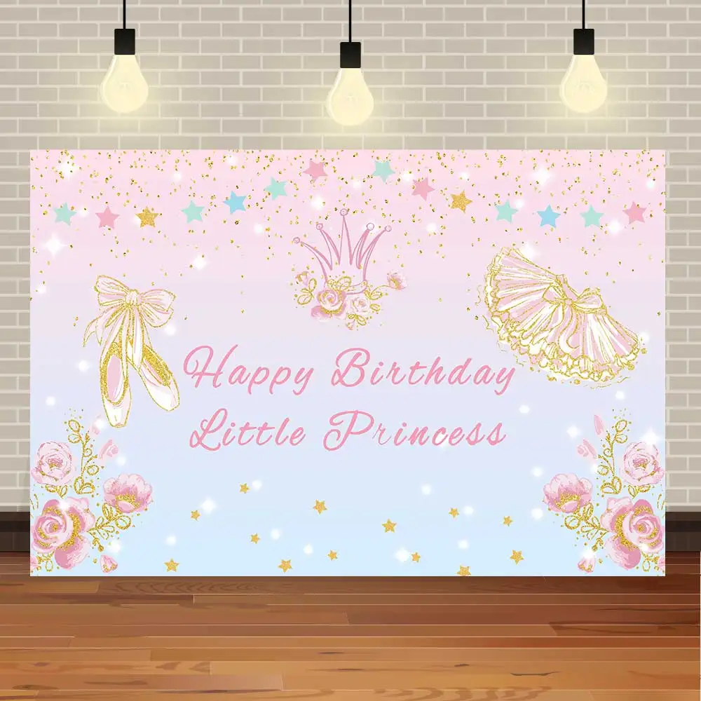 

Фотофон NeoBack с днем рождения балериной принцессой Золотой акварелью розовыми цветами для детской фотосъемки