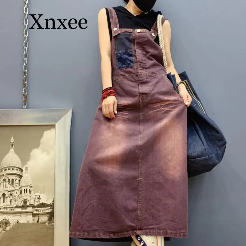 

Maxi Denim Dress vintage Baggy Suspenders A-Line Jeans Dresses Casual Loose Plus Size Bib cowboy Long Dress Rompers cowboy Dress