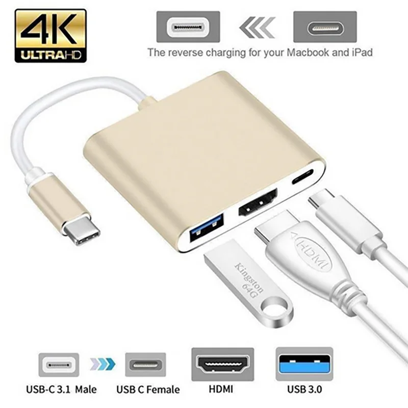 

USB3.1 Type C to USB3.0 HDMI USB C Type-C Hub 3 In 1 Adapter Cable fom Macbook Mobile Phone PC