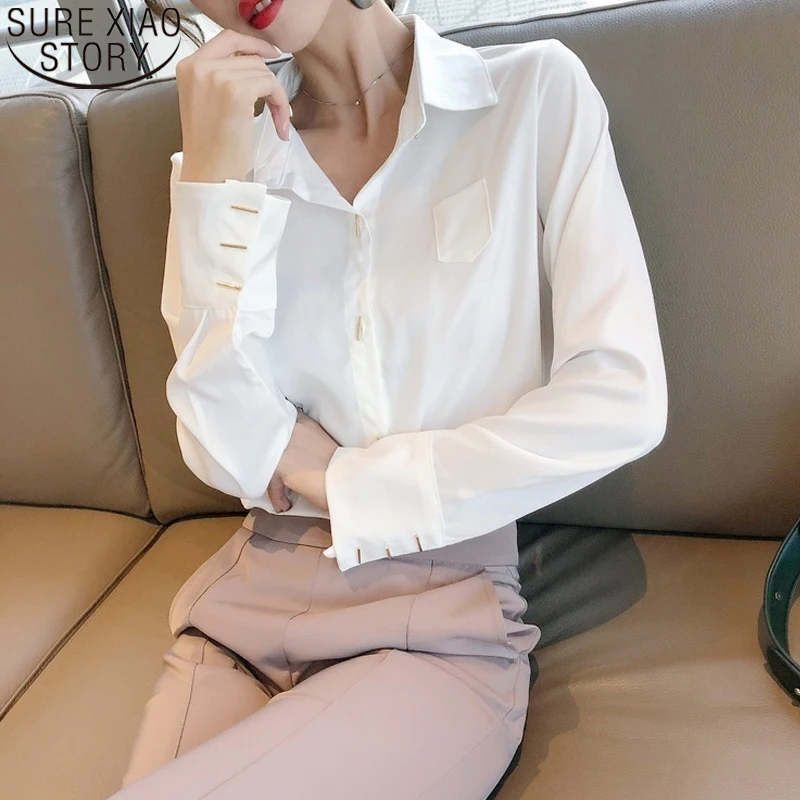 

Autumn Fashion Long Sleeve Shirt Women Turn-Down Collar Pocket Blouse Office Lady Button Shirt Feminina Clothes Chic Blusa 11360