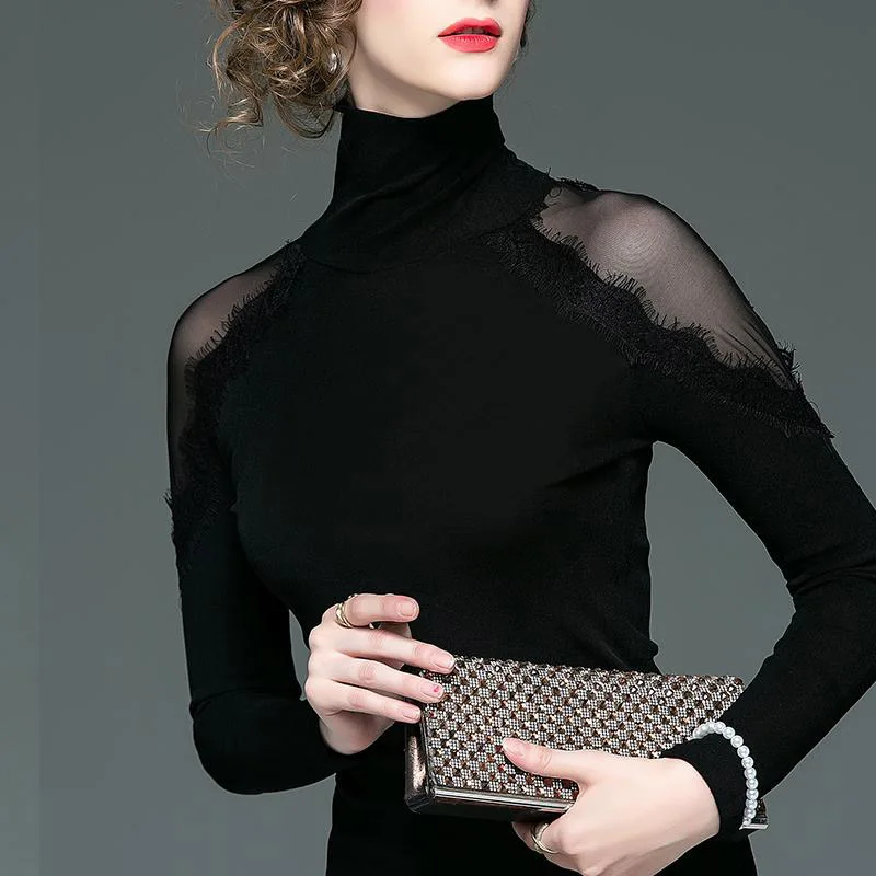 

Women Spring Autumn Style Lace Blouses Shirts Lady Casual Turtleneck Off Shoulder Lace Blusas Tops DF3132