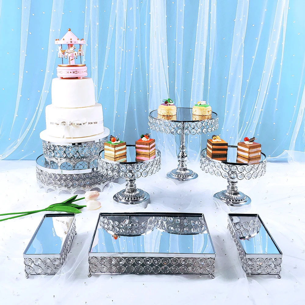 

8pcs silver Acryl Mirror Metal Cake Stand Round Wedding Birthday Party Dessert Cupcake Pedestal Display Plate Home Decor
