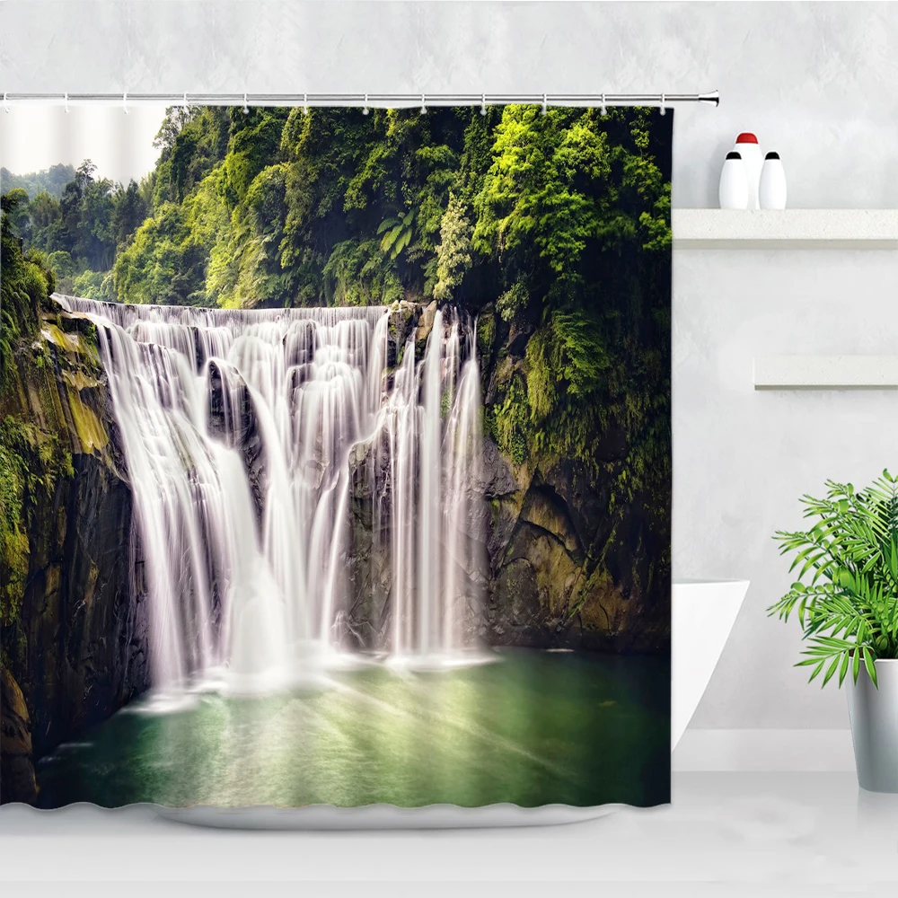 

Spring Forest Waterfall Landscape Shower Curtain Set Green Plants Trees Mountain Rural Scenery Wall Decor Bathroom Bath Curtains