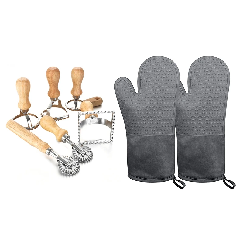 

6Pcs Ravioli Maker Cutter Stamp Set Leading Dough Cutter And Press Stamps With Oven Mitts