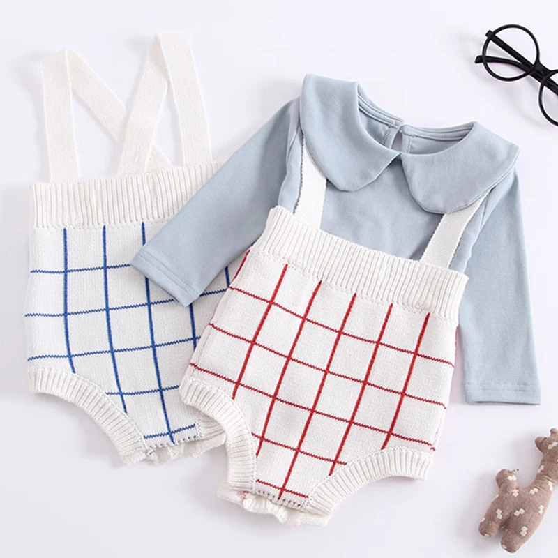 

Newborn Boys Girls Grid Braces Jumpsuits Clothes 2020 Spring Autumn Baby Boys Girls Rompers Knitted Children Rompers