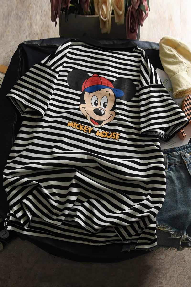 

Disney Mickey Mouse Women's Stripe T-shirt Loose Casual O-Neck Korean Clothes Kawaii Harajuku Clothing Womens Long Sleeve Tops