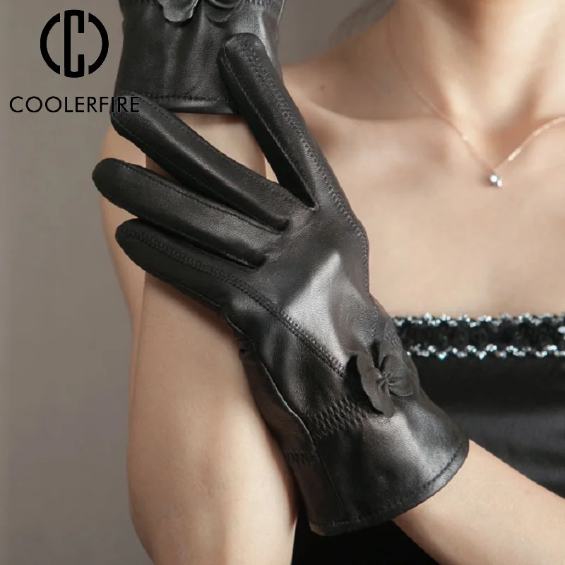 

Fashion Women Genuine Leather Gloves Winter Sheepskin Warm Thickening Velvet Butterfly Korean Sub-refers to Female Gloves ST226