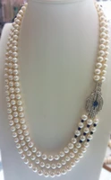 wholesale high quality 3rows natural aa 9 10mm white freshwater pearl with nice and fashionable clap necklace 003
