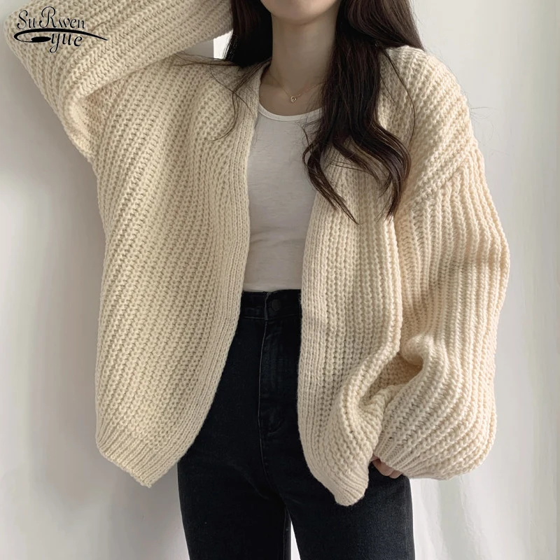 

Женский трикотажный кардиган с рукавами-фонариками, повседневный свободный однотонный кардиган джокер с V-образным вырезом, осень 17856