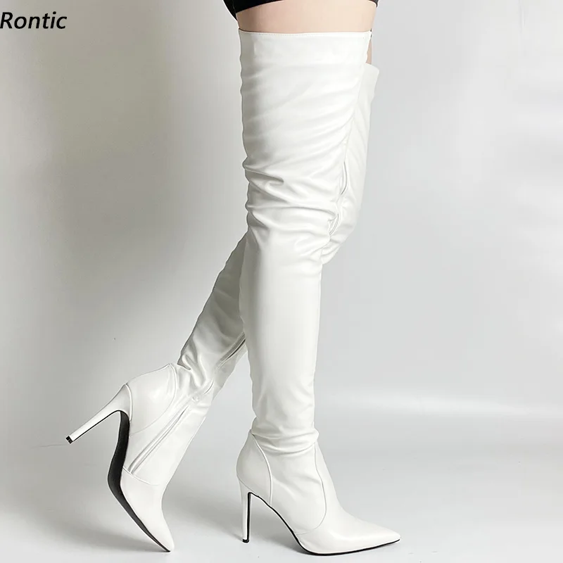 

Rontic Women Winter Thigh Boots Faux Leather Full Side Zipper Stiletto Heels Pointed Toe Gorgeous White Dress Shoes US Size 5-15