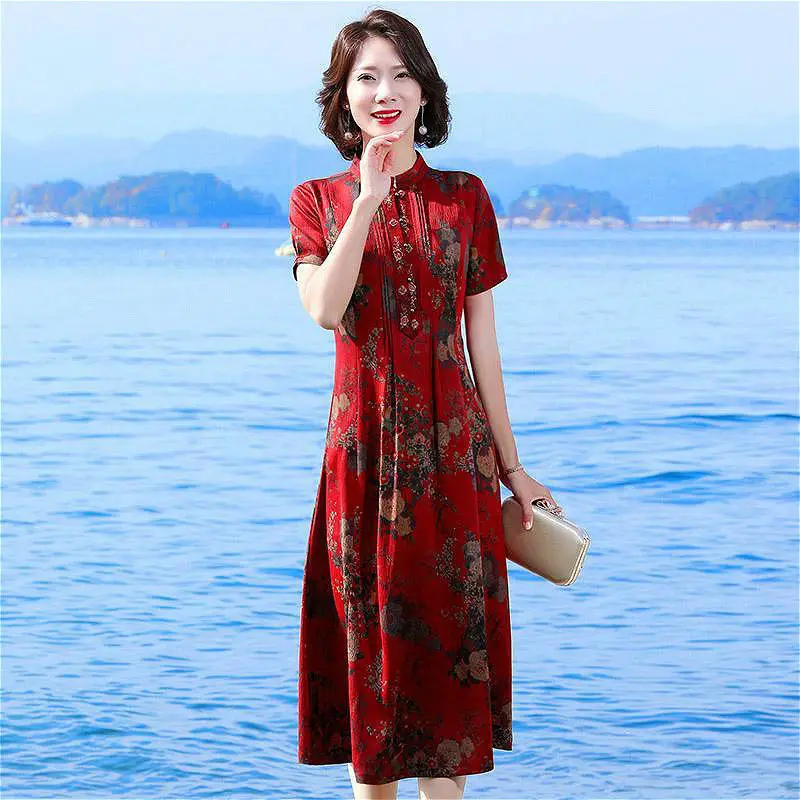 

Gambiered Canton Printed Silk Dress Genuine Silk Modified Cheongsam Young Style New Style Summer Dress