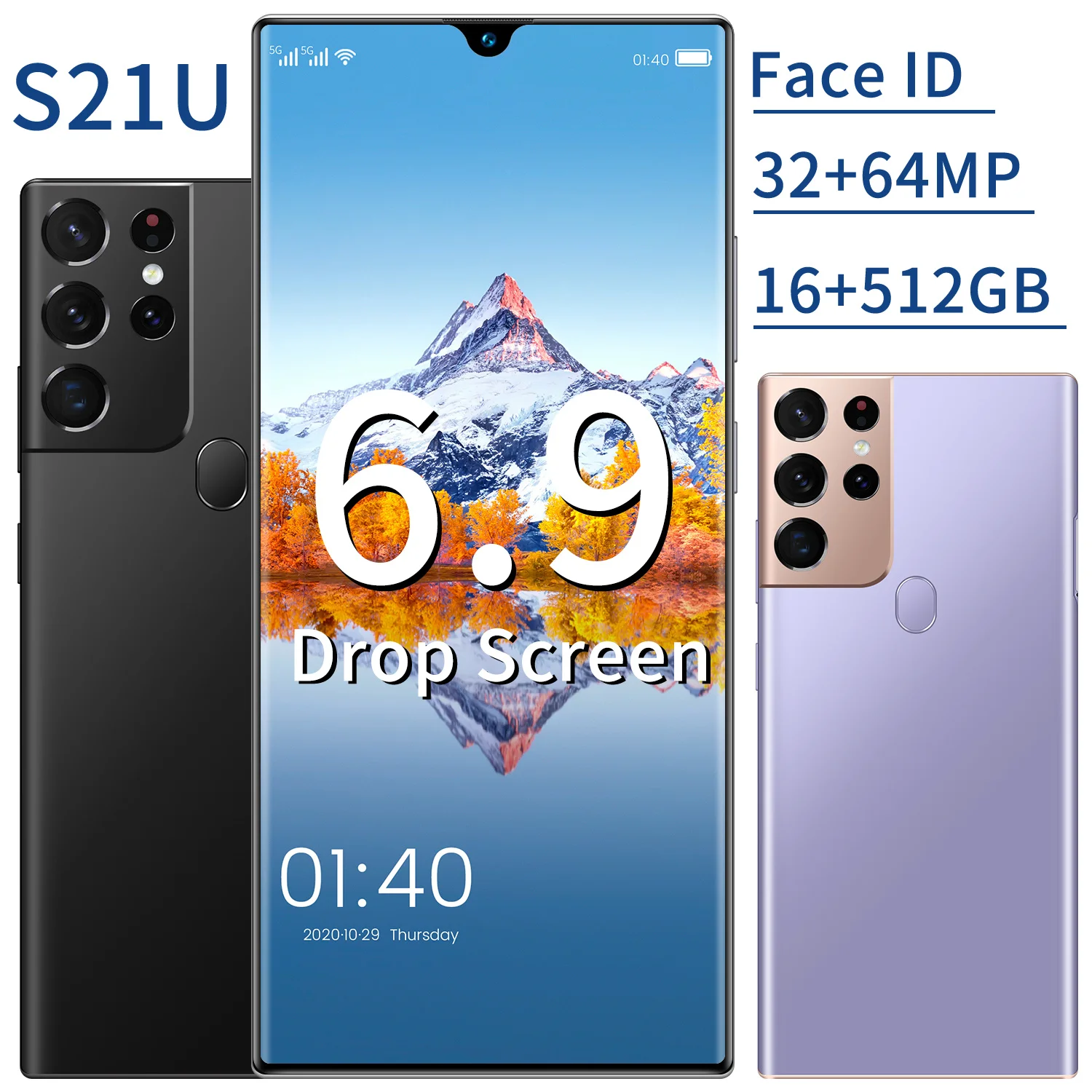 

Factory Sale Galxy S21U Smartphone Global Version 6800mAh Battery 16GB 512GB 6.9 Inch Snapdragon 888 32MP 64MP Camera Face ID