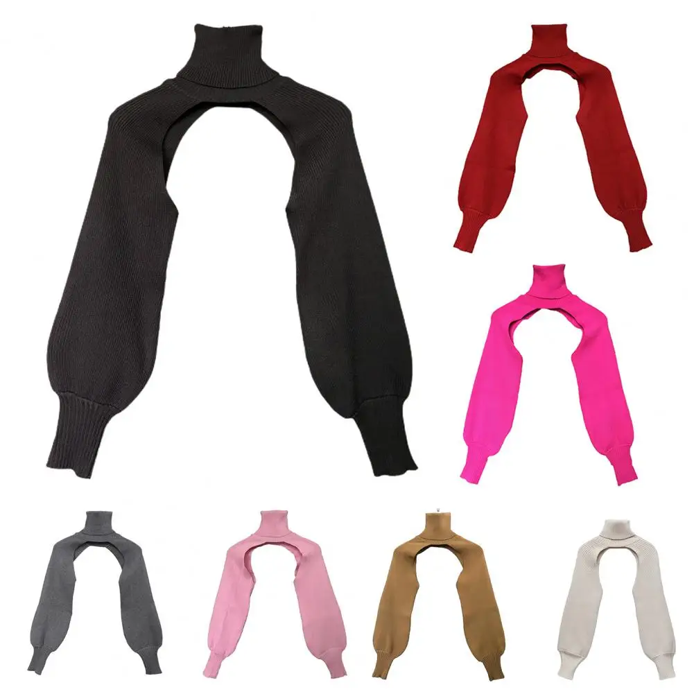 

Female Sweater Solid Color High Collar Long Puff Sleeve Knitwear Pullover for Women super short crop tops matched with clothing