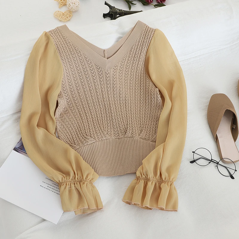 

Spring Autumn Women's Knitted Stitching Lantern Sleeve Chiffon Top V-Neck Loose Sweet Waist Bottoming Shirt