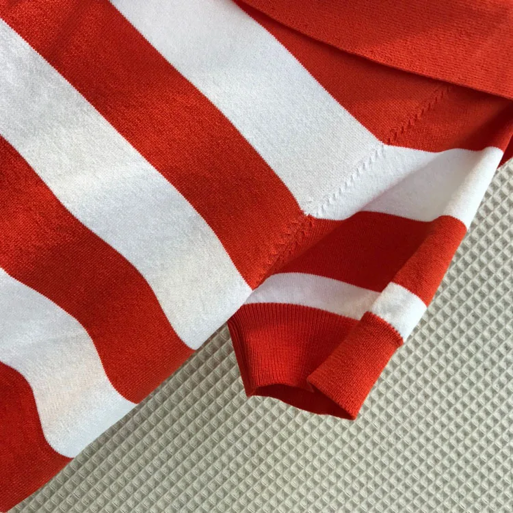 

Spring/Summer 2021 Women's New Navy Academy Striped Bow Turn-Neck Knitted Short Sleeve Top