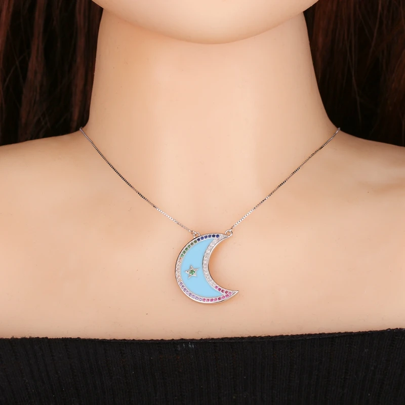 Newranos 925 Silver Necklace Enamel Crescent Moon Pendant Colorful Zirconias Statement Colar fr Women 's Jewelry NYX0031282 | Украшения