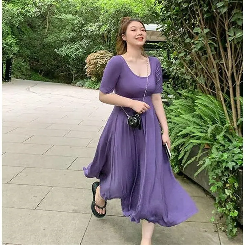 

2021 summer women's size short sleeve medium and long waist slim loose fat MM dress