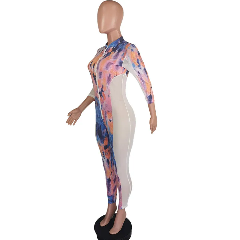 

Mesh Splice Tie Dyeing Print Sexy Jumpsuits for Women Playsuit 2020 New Fashion Bandage Women Sexy Jumpsuit Autumn Slim Rompers