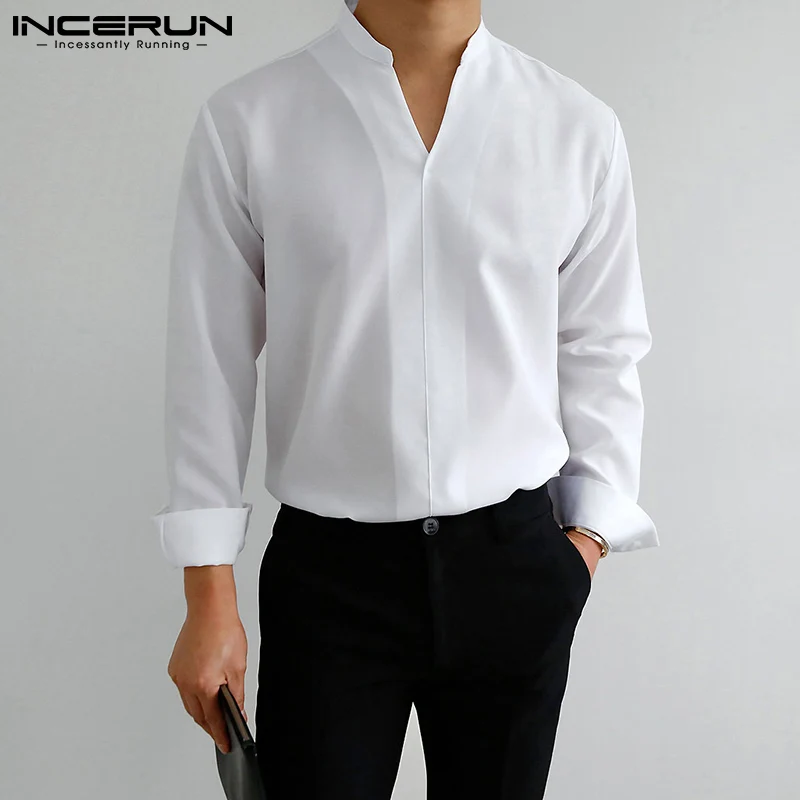 INCERUN Solid Color Men Shirt Brand V Neck Long Sleeve Streetwear Casual Tops Loose 2023 Fashion Leisure Camisa Masculina S-3XL