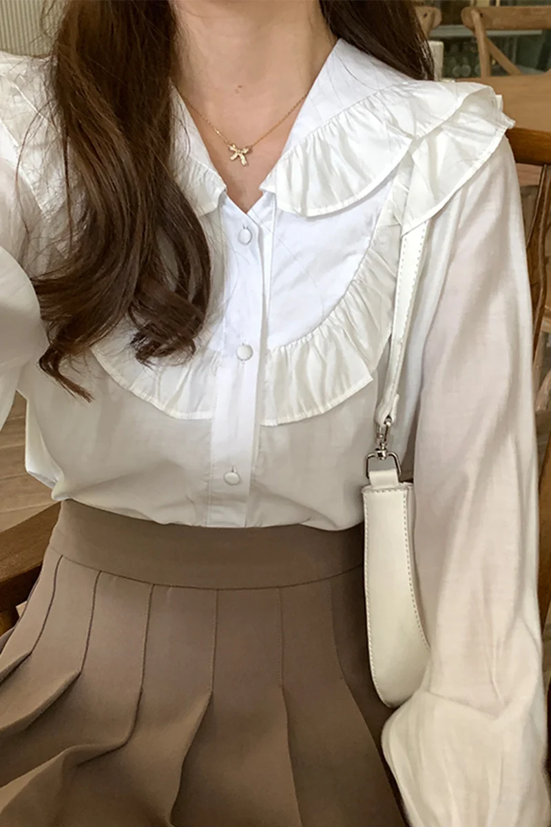 Топ женский с двойным воротником милая шикарная Свободная белая рубашка в