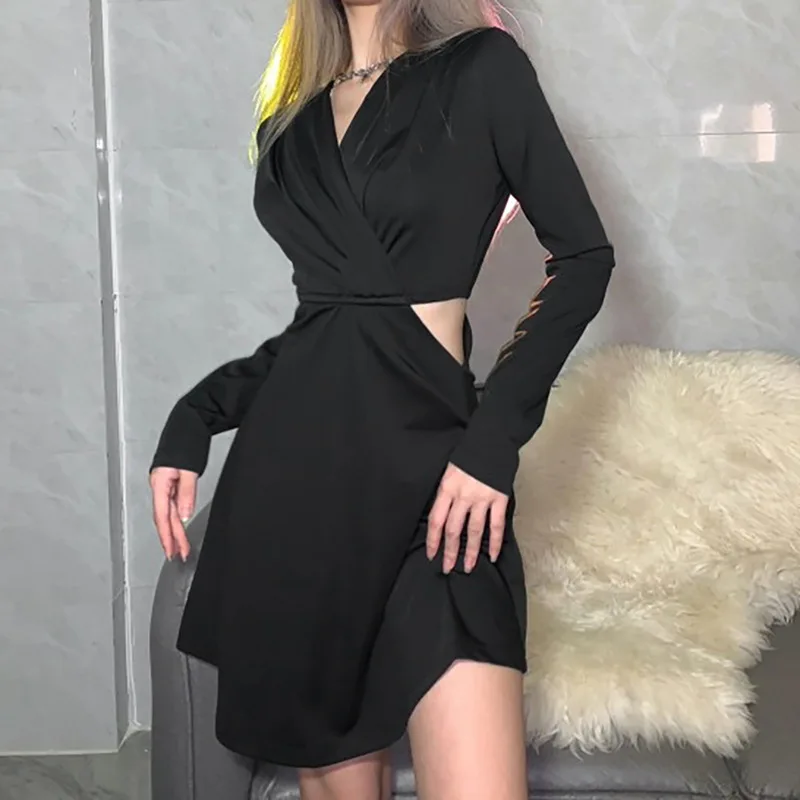 

DISEYAR Hollow Out Black Color Women Dresses V-Neck Long Sleeve Midi Sexy Casual Elegant Streetwear 2021 New Autumn Winter Cloth